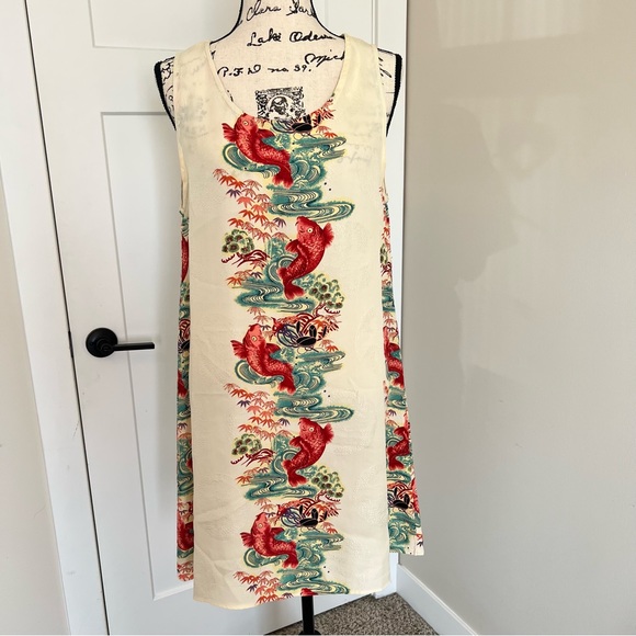 Hinahina Dresses & Skirts - Vintage Hinahina Silk Dress Ivory with Bright Koi Design and Embossing.